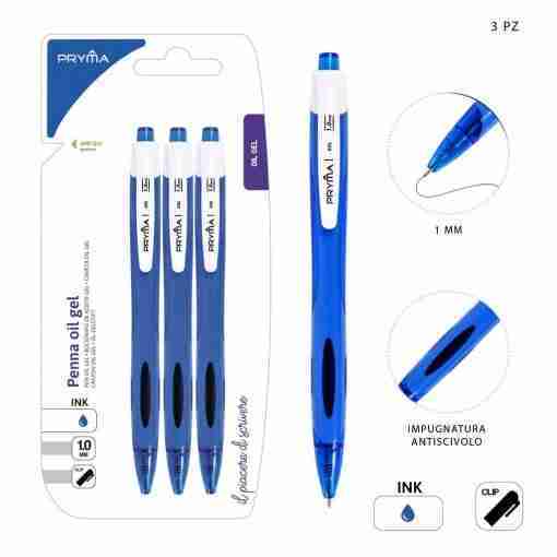 Pryma Penna Oil Gel Sleek A scatto 1mm 3pz Blu Blister