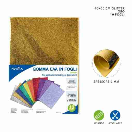 Pryma Foglio Gomma Eva Glitter 40x60cm 2mm Oro