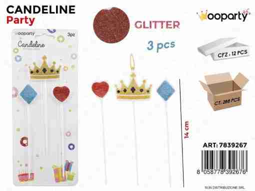 Candeline Glitter Corona Ass. 3pcs 14cm