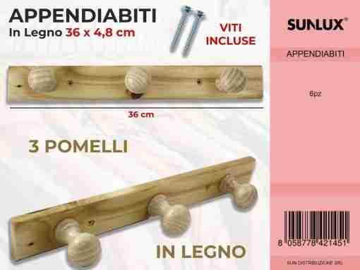 Appendiabiti In Legno 3 Pomelli 36*4.8cm