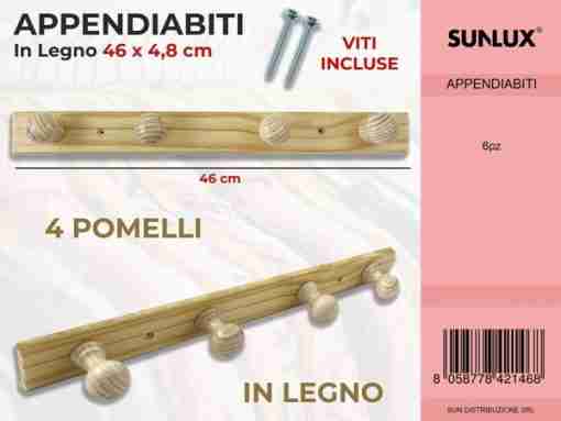 Appendiabiti In Legno 4 Pomelli 46*4.8cm