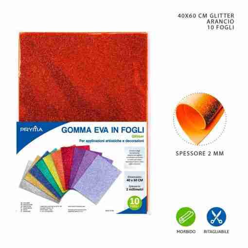 Pryma Foglio Gomma Eva Glitter 40x60cm 2mm Arancio