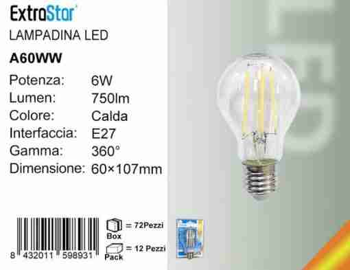 Lampadina Led A Filamenti E27 6w 750lm Luce Calda