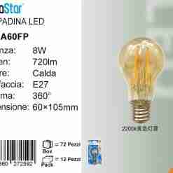 Lampadina Led A Filamenti E27 8w 720lm 2200k