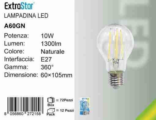 Lampadina Led A Filamenti E27 10w 1300lm Luce Naturale