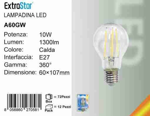 Lampadina Led A Filamenti E27 10w 1300lm Luce Calda
