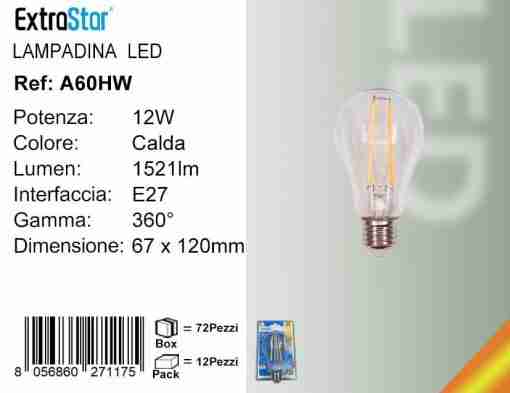 Lampadina Led A Filamenti E27 12w 1521lm Luce Calda